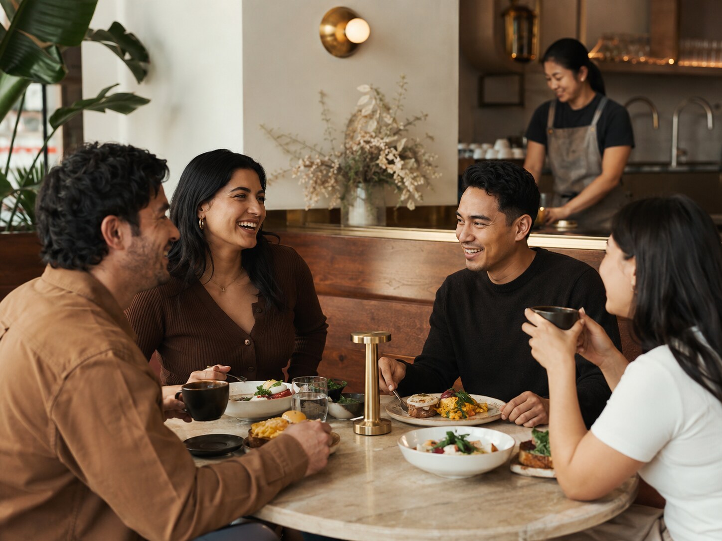Friends enjoying brunch together in a refined local café
