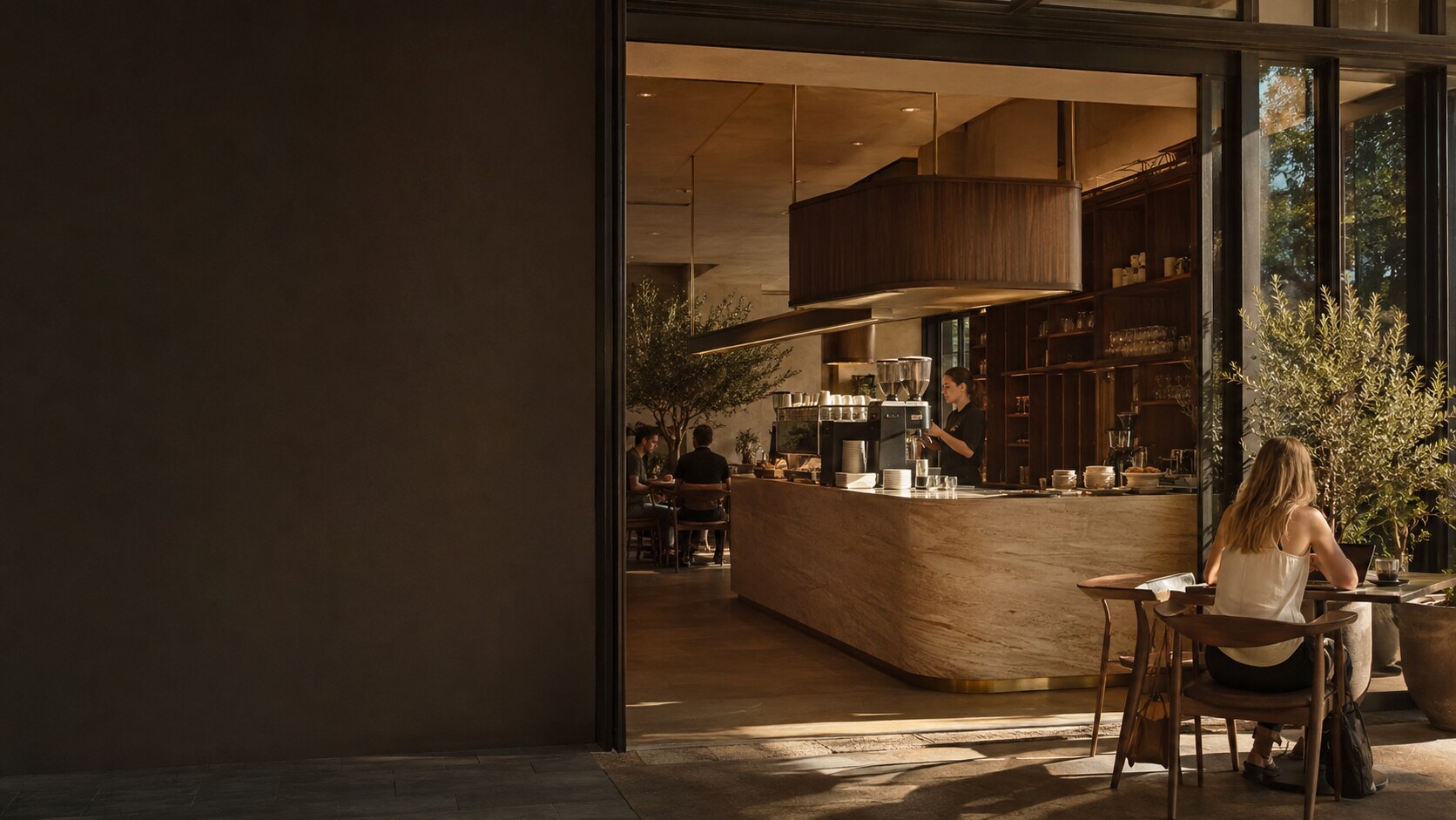 A warm, contemporary café interior at morning