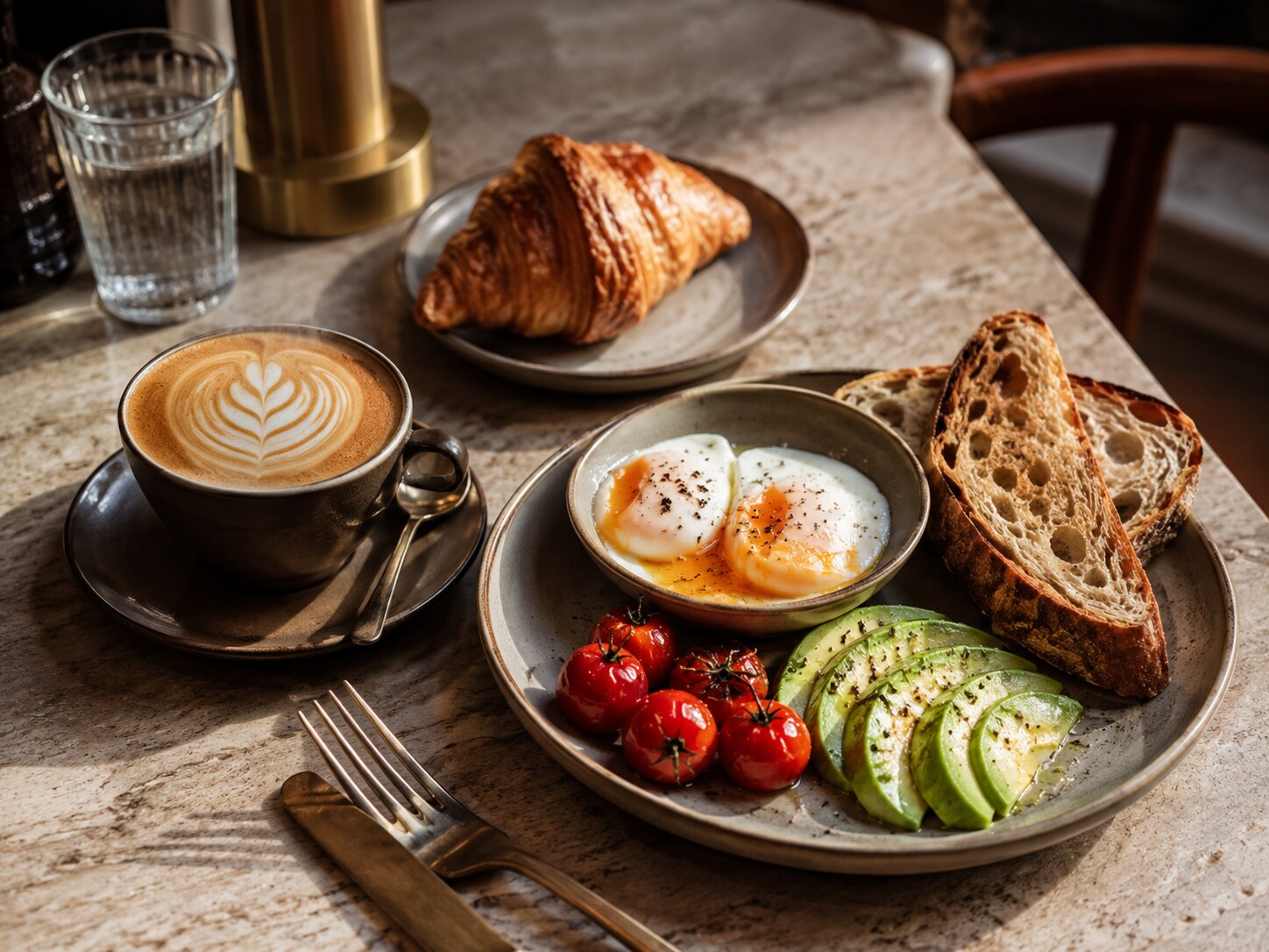 A premium café brunch spread with coffee